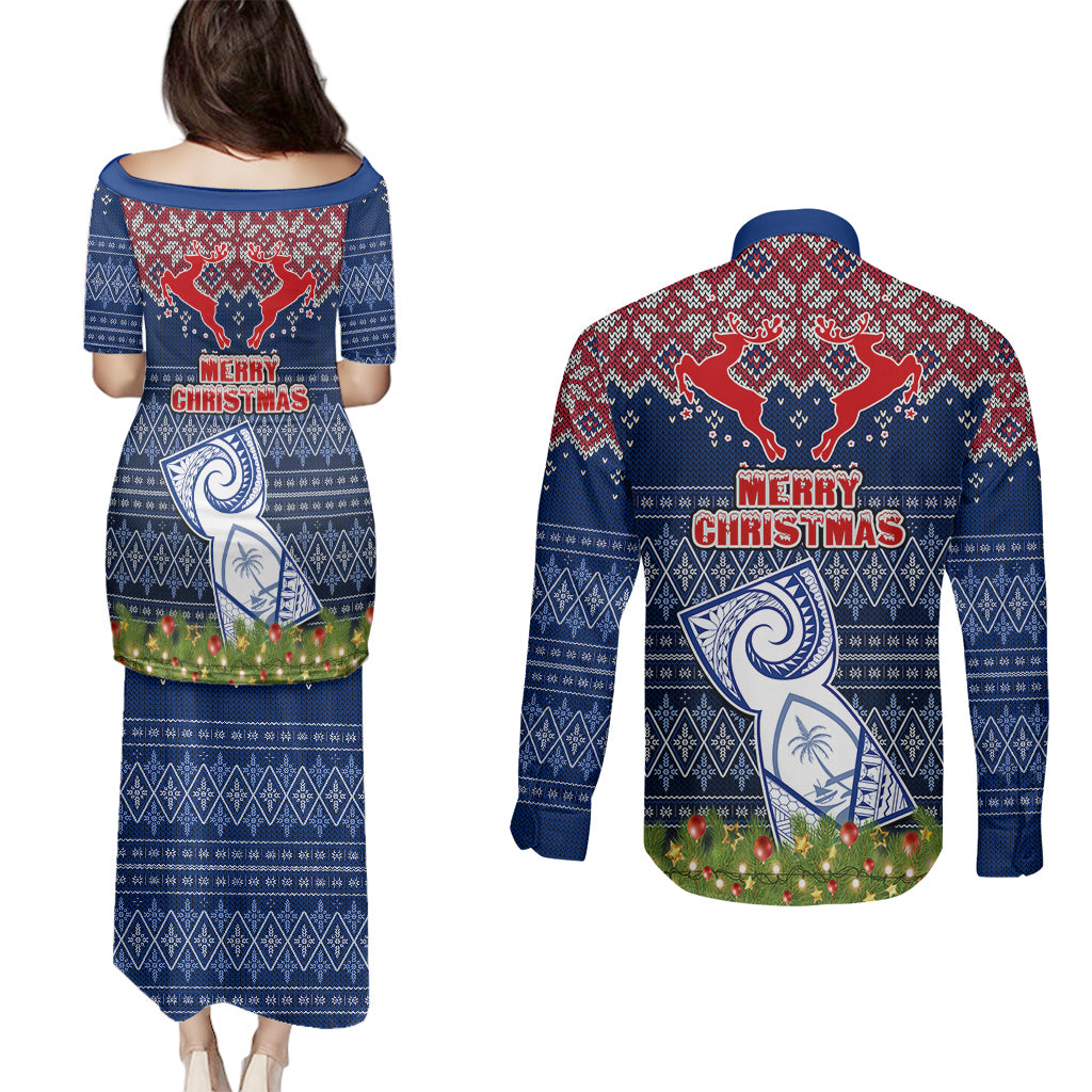 Guam Christmas Couples Matching Puletasi Dress and Long Sleeve Button Shirts Chamorro Guam Tattoos Beautiful Merry Xmas Snowflake LT03 - Polynesian Pride