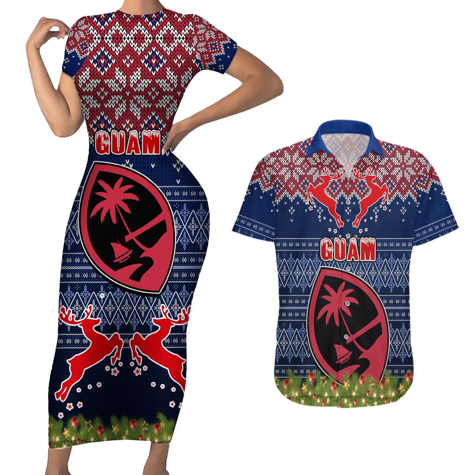 Guam Christmas Couples Matching Short Sleeve Bodycon Dress and Hawaiian Shirt Chamorro Guam Tattoos Beautiful Merry Xmas Snowflake LT03 Blue - Polynesian Pride