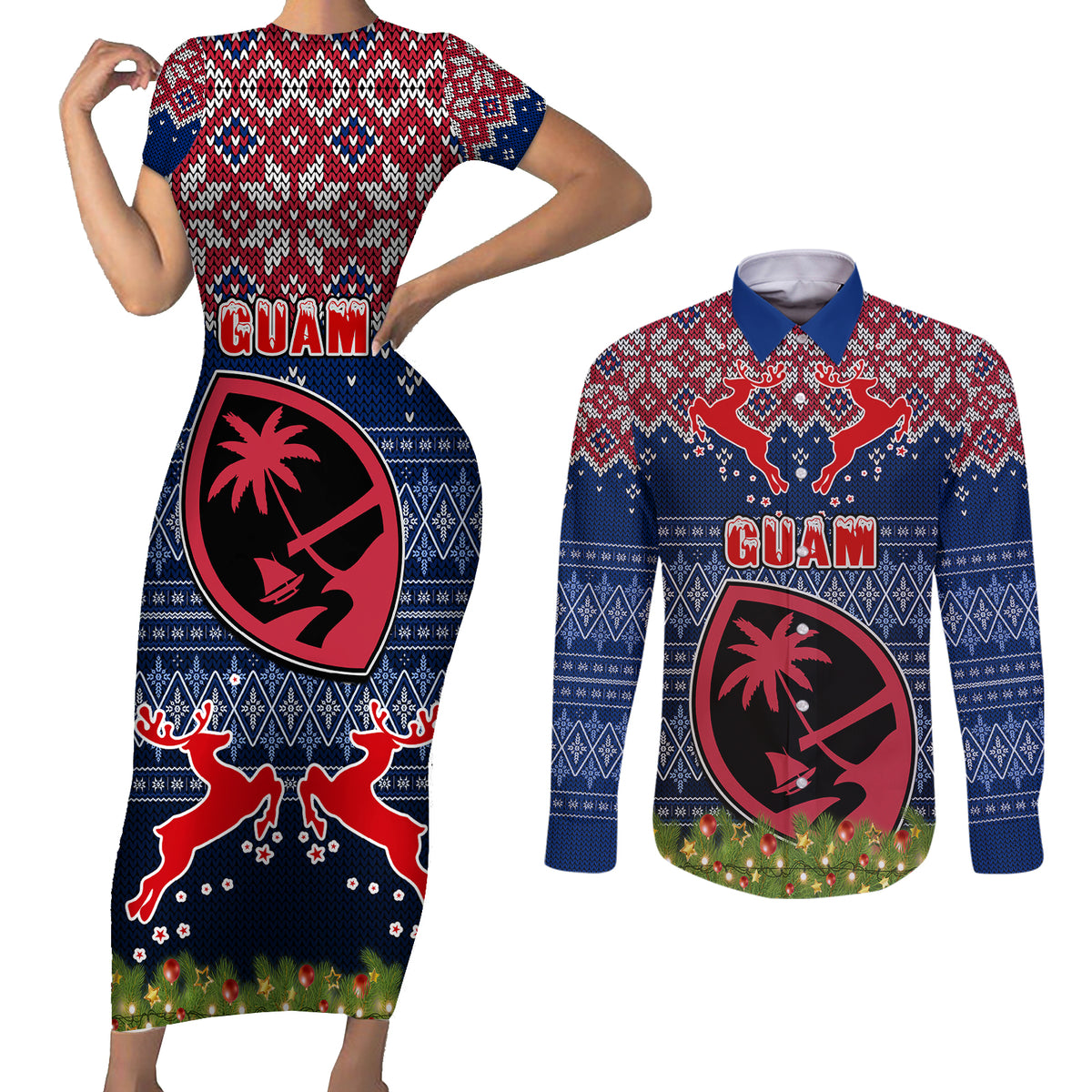 Guam Christmas Couples Matching Short Sleeve Bodycon Dress and Long Sleeve Button Shirts Chamorro Guam Tattoos Beautiful Merry Xmas Snowflake LT03 Blue - Polynesian Pride