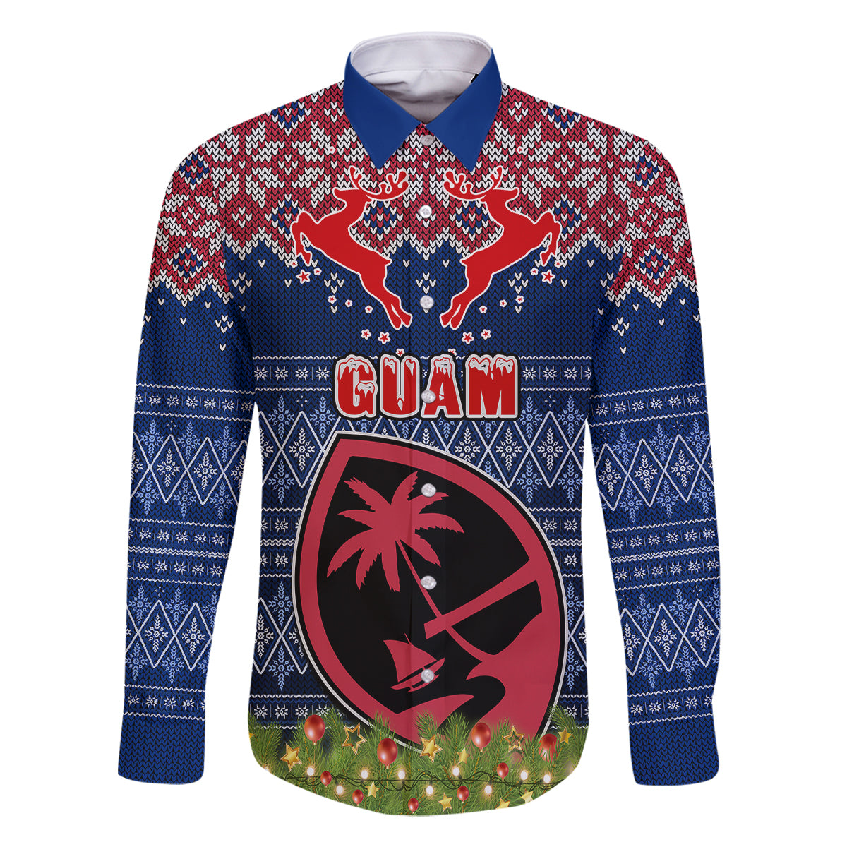 Guam Christmas Family Matching Mermaid Dress and Hawaiian Shirt Chamorro Guam Tattoos Beautiful Merry Xmas Snowflake LT03 Dad's Shirt - Long Sleeve Blue - Polynesian Pride