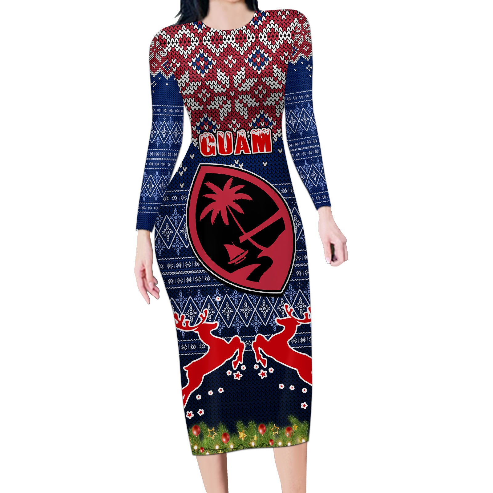 Guam Christmas Long Sleeve Bodycon Dress Chamorro Guam Tattoos Beautiful Merry Xmas Snowflake LT03 Long Dress Blue - Polynesian Pride