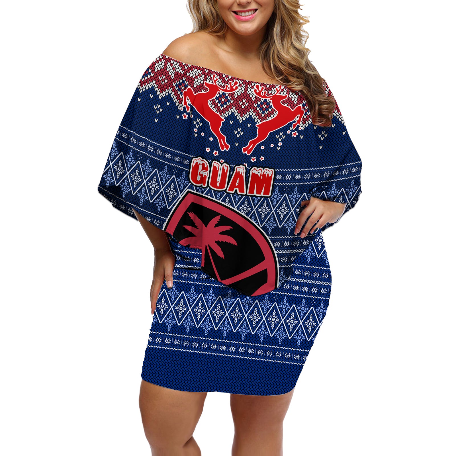 Guam Christmas Off Shoulder Short Dress Chamorro Guam Tattoos Beautiful Merry Xmas Snowflake LT03 Women Blue - Polynesian Pride