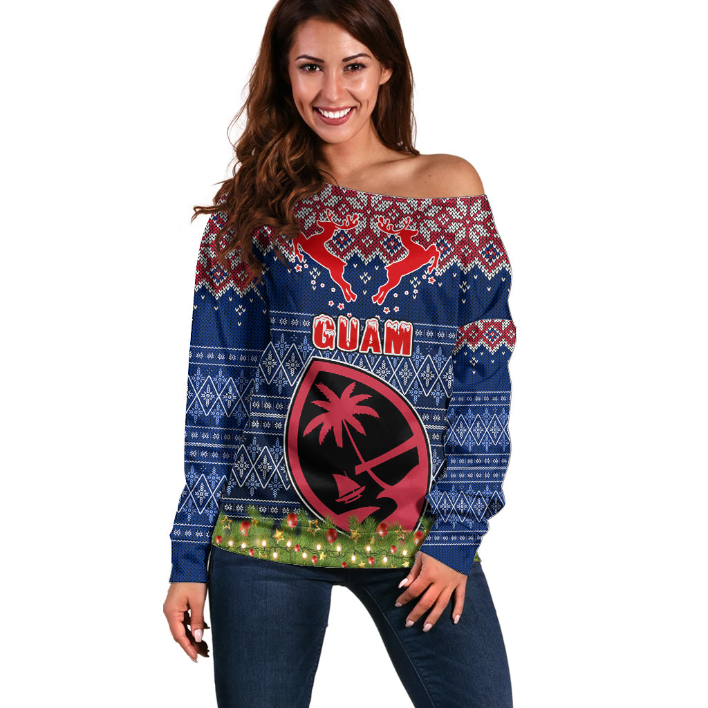 Guam Christmas Off Shoulder Sweater Chamorro Guam Tattoos Beautiful Merry Xmas Snowflake LT03 Women Blue - Polynesian Pride