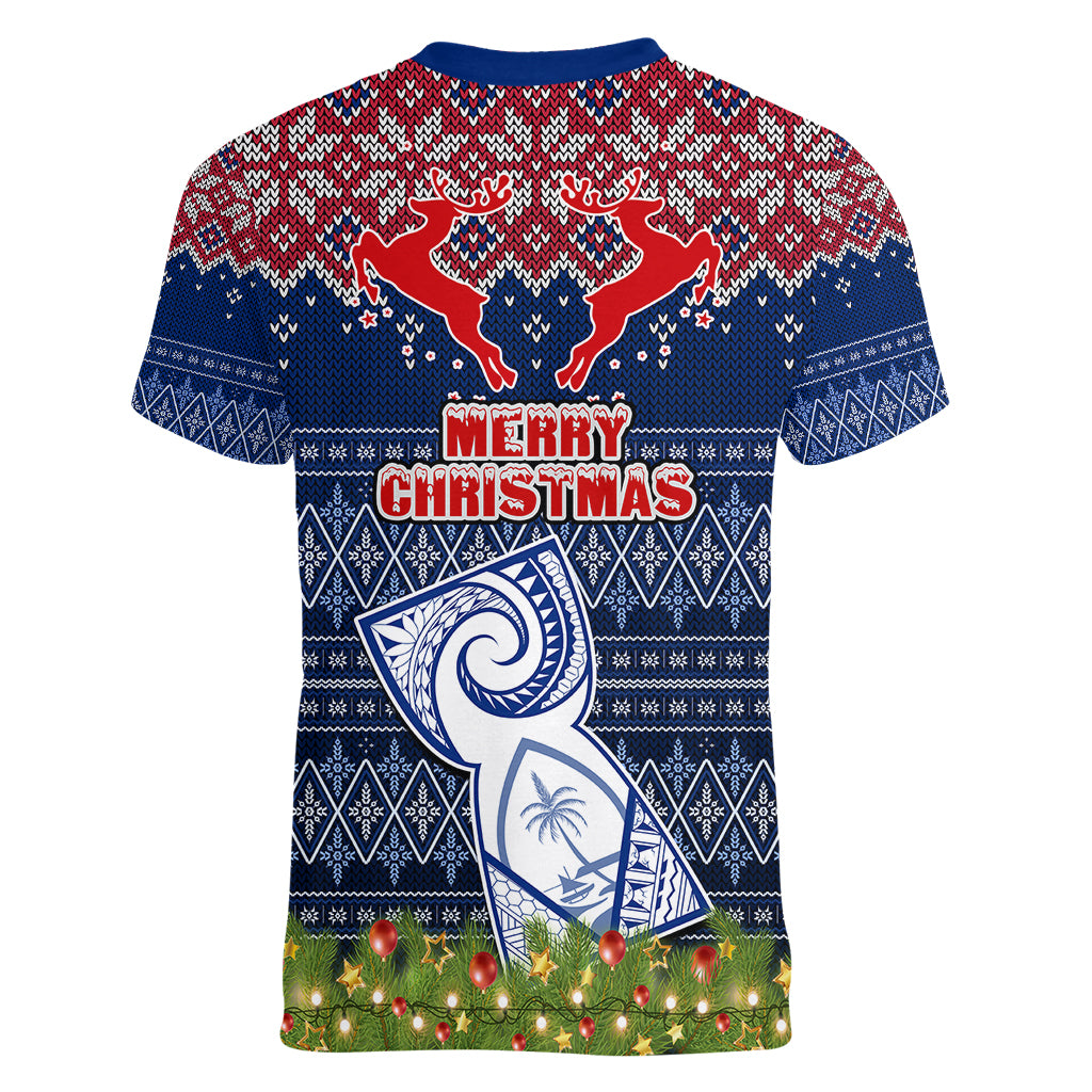 Guam Christmas Women V Neck T Shirt Chamorro Guam Tattoos Beautiful Merry Xmas Snowflake LT03 - Polynesian Pride