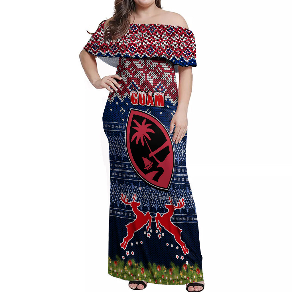 Personalised Guam Christmas Off Shoulder Maxi Dress Chamorro Guam Tattoos Beautiful Merry Xmas Snowflake LT03 Women Blue - Polynesian Pride