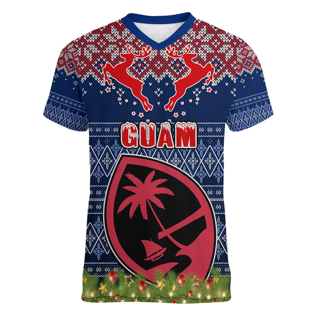 Personalised Guam Christmas Women V Neck T Shirt Chamorro Guam Tattoos Beautiful Merry Xmas Snowflake LT03 Female Blue - Polynesian Pride