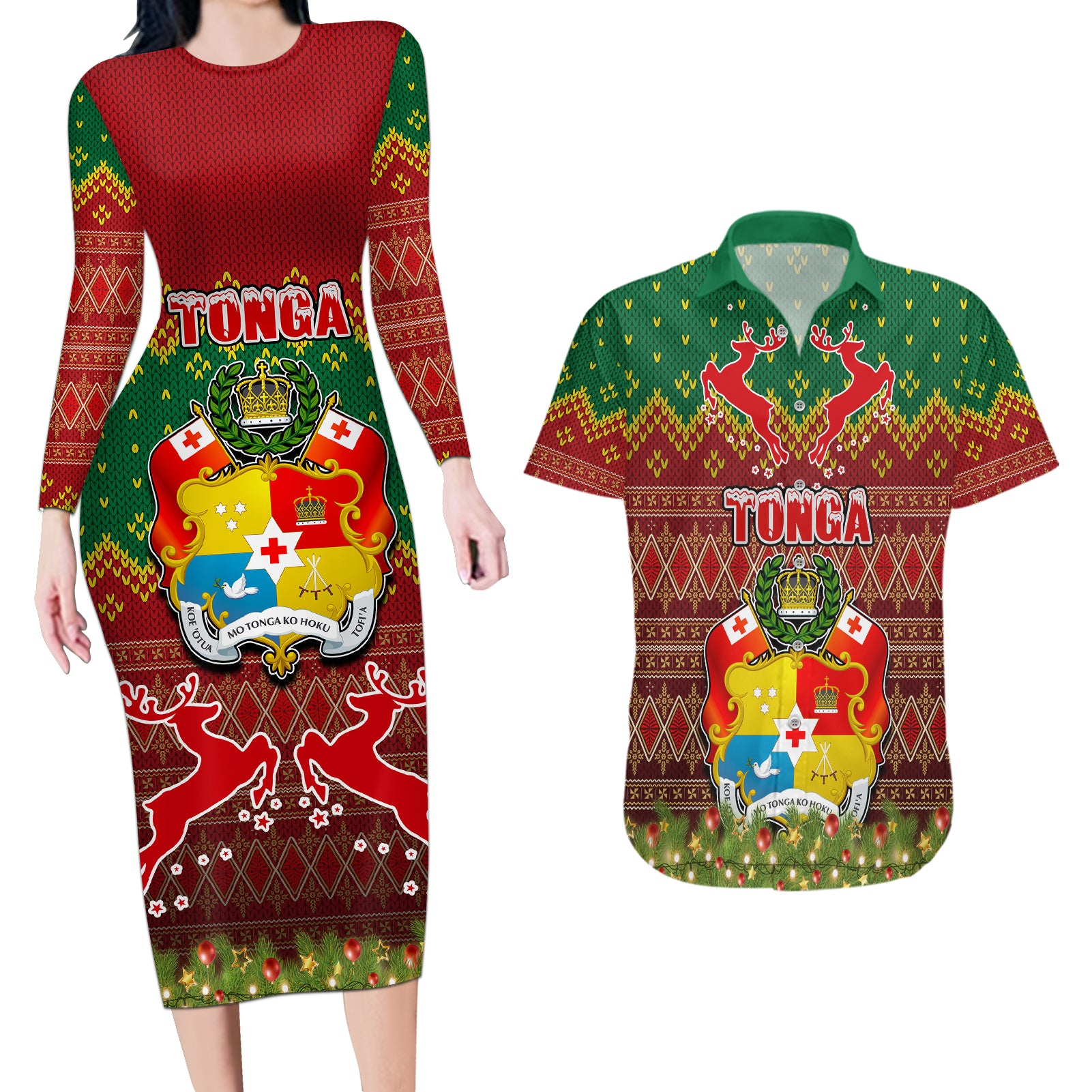 Tonga Christmas Couples Matching Long Sleeve Bodycon Dress and Hawaiian Shirt Coat of Arms and Map Beautiful Merry Xmas Snowflake LT03 Red - Polynesian Pride