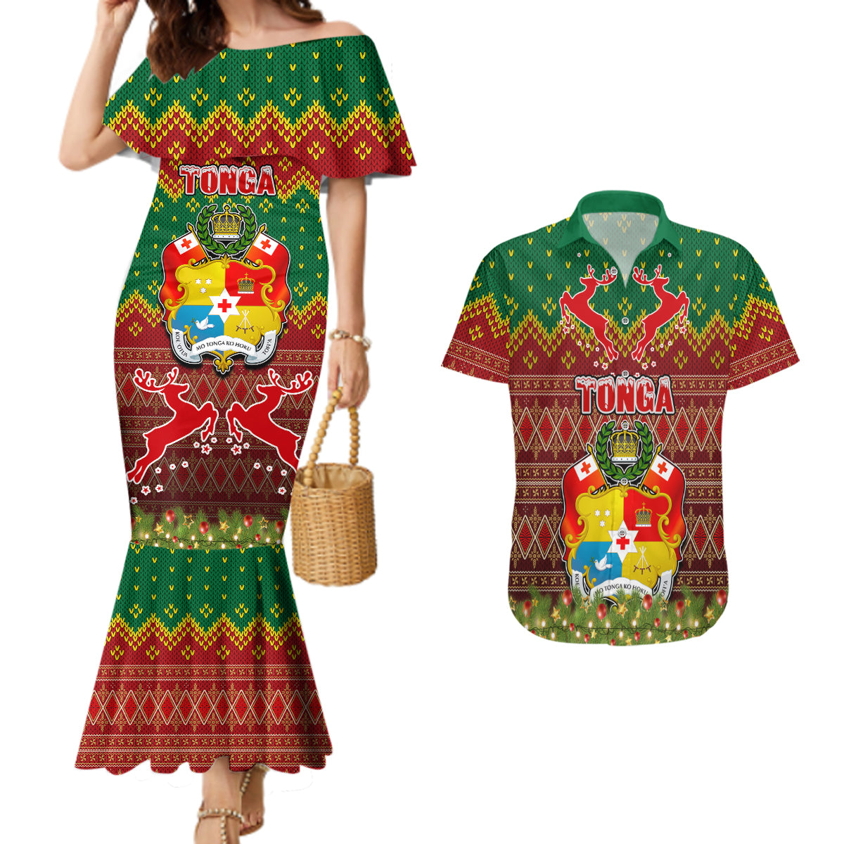 Tonga Christmas Couples Matching Mermaid Dress and Hawaiian Shirt Coat of Arms and Map Beautiful Merry Xmas Snowflake LT03 Red - Polynesian Pride