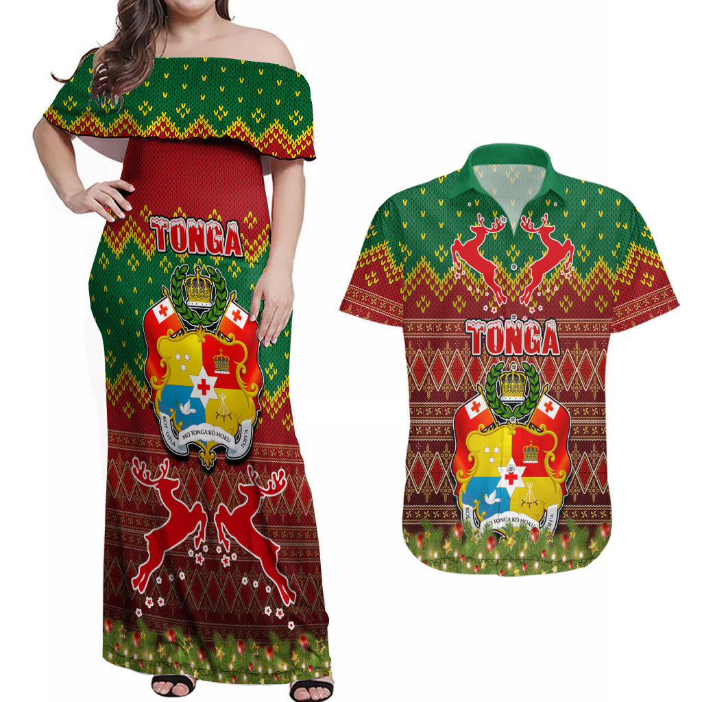 Tonga Christmas Couples Matching Off Shoulder Maxi Dress and Hawaiian Shirt Coat of Arms and Map Beautiful Merry Xmas Snowflake LT03 Red - Polynesian Pride