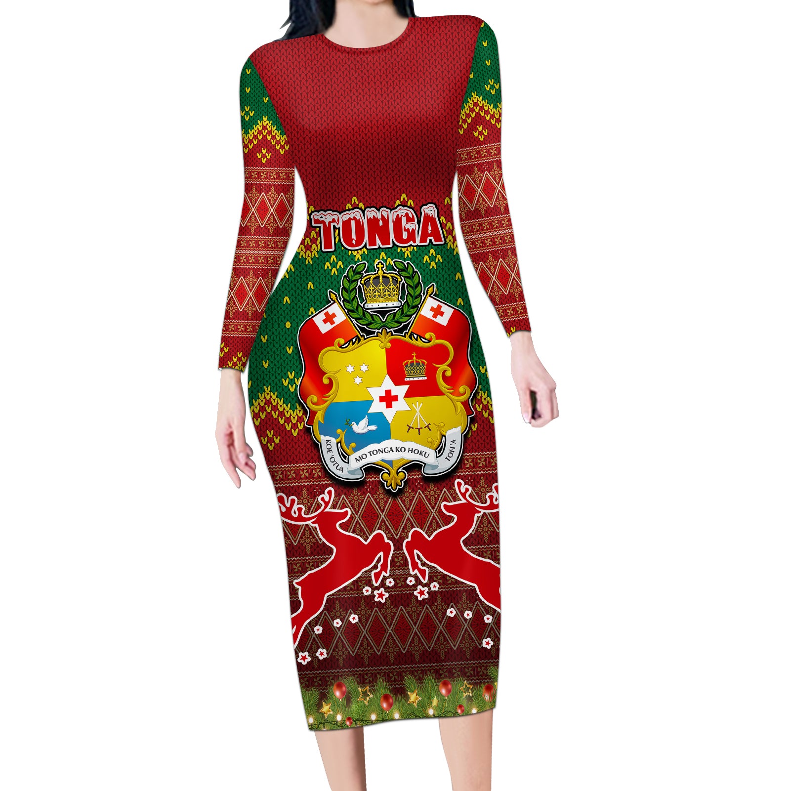 Tonga Christmas Long Sleeve Bodycon Dress Coat of Arms and Map Beautiful Merry Xmas Snowflake LT03 Long Dress Red - Polynesian Pride