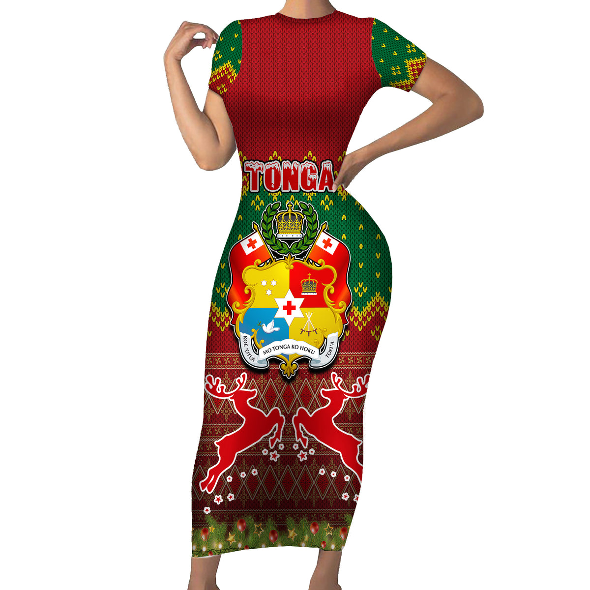 Tonga Christmas Short Sleeve Bodycon Dress Coat of Arms and Map Beautiful Merry Xmas Snowflake LT03 Long Dress Red - Polynesian Pride
