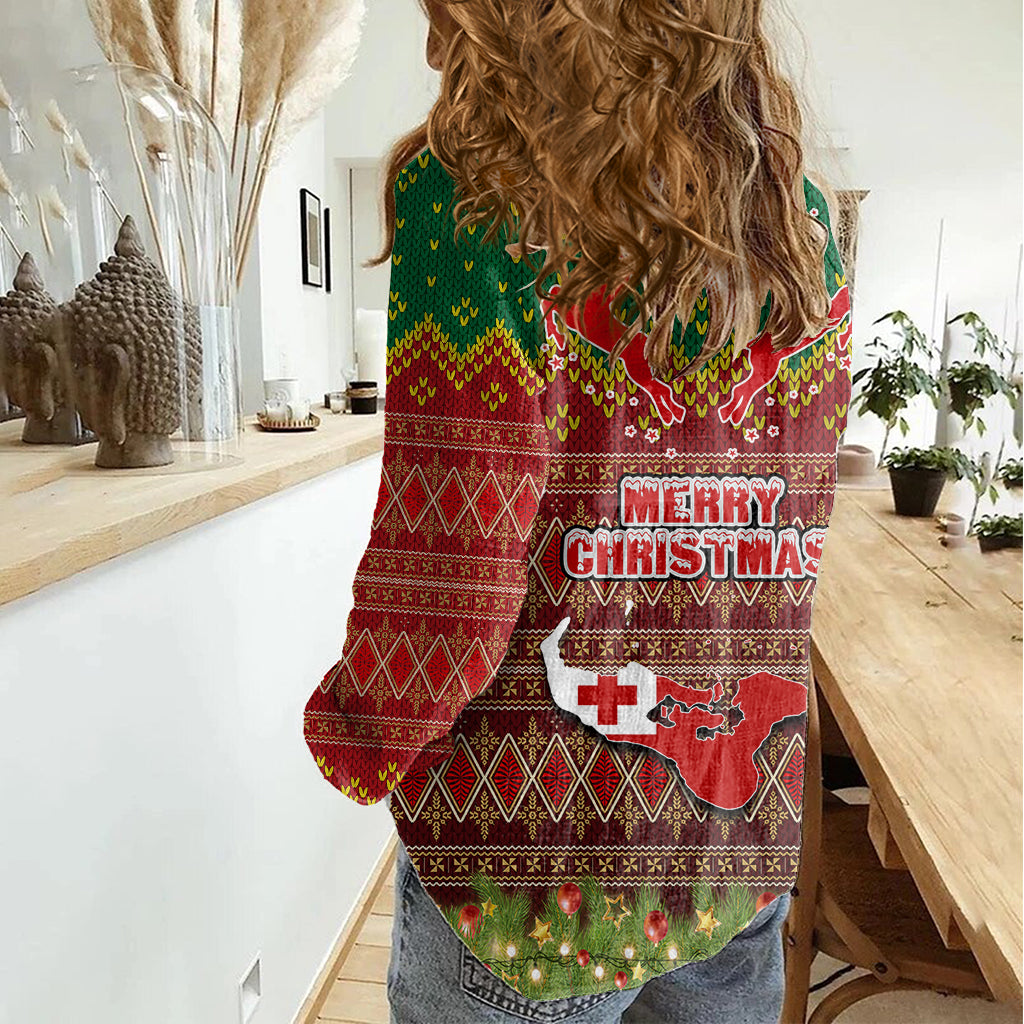 Tonga Christmas Women Casual Shirt Coat of Arms and Map Beautiful Merry Xmas Snowflake LT03 - Polynesian Pride