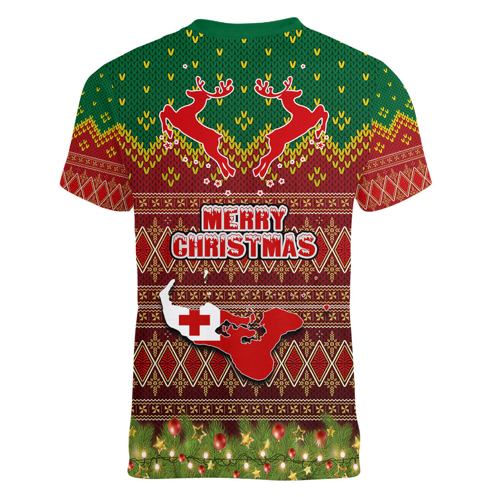 Tonga Christmas Women V Neck T Shirt Coat of Arms and Map Beautiful Merry Xmas Snowflake LT03 - Polynesian Pride