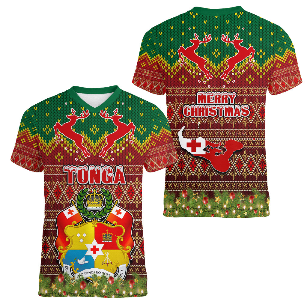 Tonga Christmas Women V Neck T Shirt Coat of Arms and Map Beautiful Merry Xmas Snowflake LT03 - Polynesian Pride