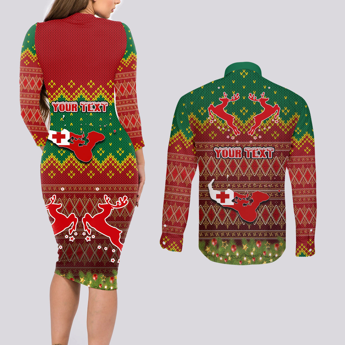 Personalised Tonga Christmas Couples Matching Long Sleeve Bodycon Dress and Long Sleeve Button Shirts Coat of Arms and Map Beautiful Merry Xmas Snowflake LT03 - Polynesian Pride