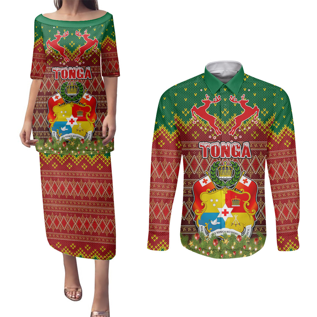 Personalised Tonga Christmas Couples Matching Puletasi Dress and Long Sleeve Button Shirts Coat of Arms and Map Beautiful Merry Xmas Snowflake LT03 Red - Polynesian Pride