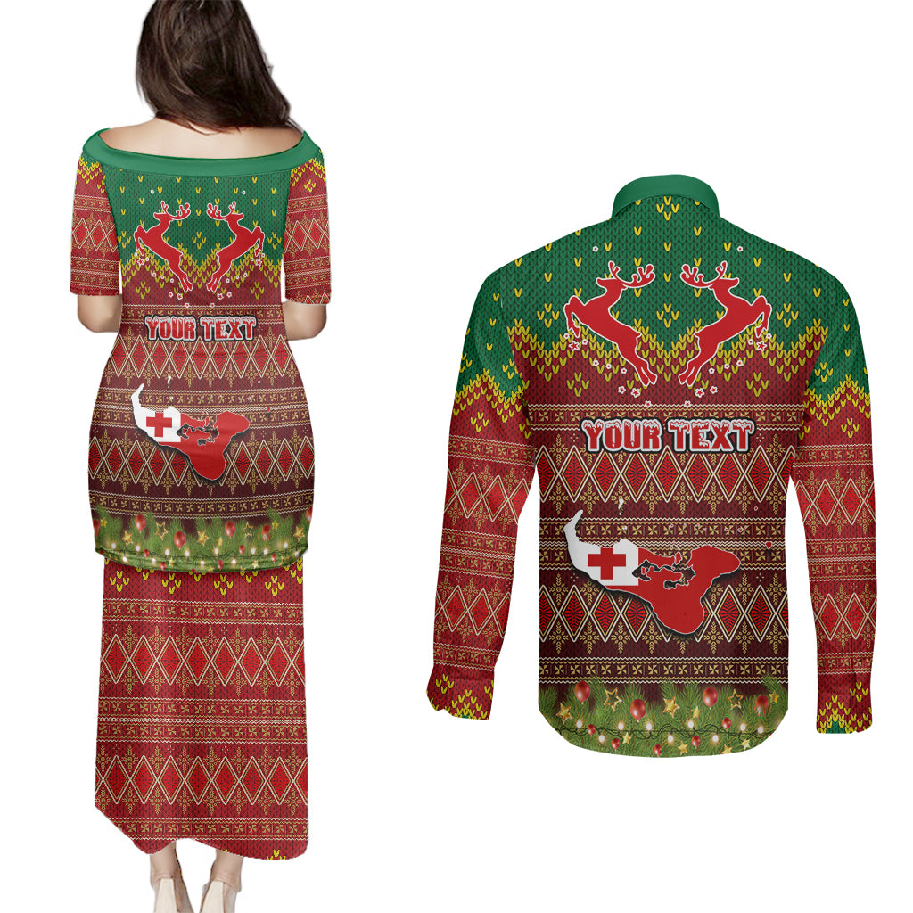 Personalised Tonga Christmas Couples Matching Puletasi Dress and Long Sleeve Button Shirts Coat of Arms and Map Beautiful Merry Xmas Snowflake LT03 - Polynesian Pride