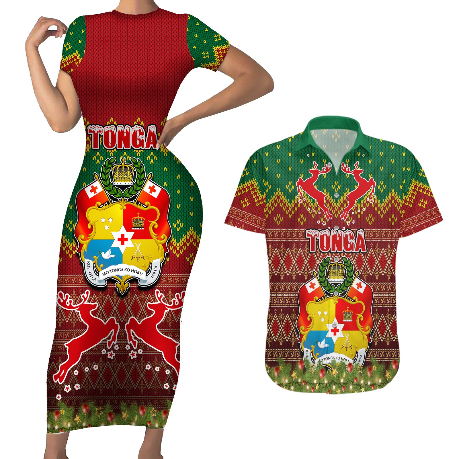 Personalised Tonga Christmas Couples Matching Short Sleeve Bodycon Dress and Hawaiian Shirt Coat of Arms and Map Beautiful Merry Xmas Snowflake LT03 Red - Polynesian Pride