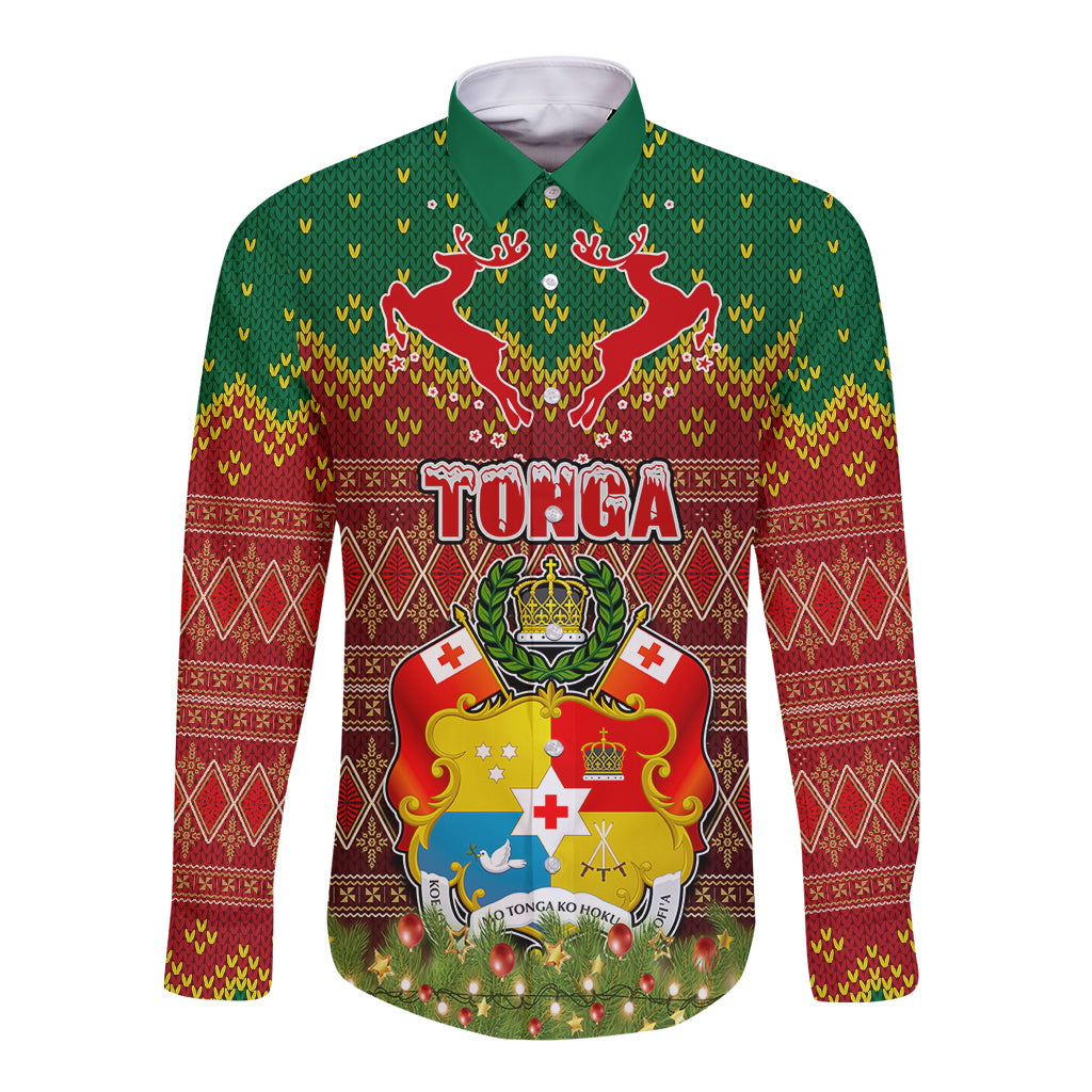 Personalised Tonga Christmas Long Sleeve Button Shirt Coat of Arms and Map Beautiful Merry Xmas Snowflake LT03 Unisex Red - Polynesian Pride