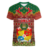 Personalised Tonga Christmas Women V Neck T Shirt Coat of Arms and Map Beautiful Merry Xmas Snowflake LT03 Female Red - Polynesian Pride