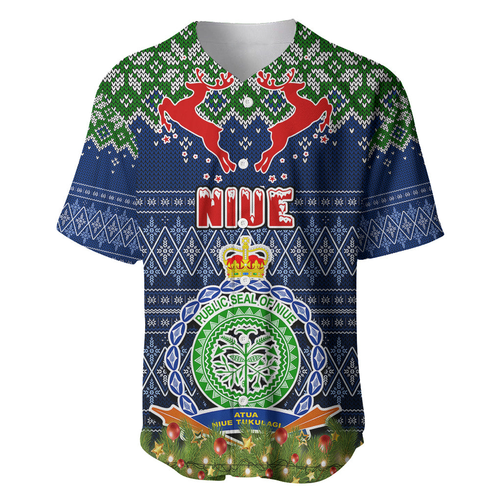 Niue Christmas Baseball Jersey Coat of Arms and Map Beautiful Merry Xmas Snowflake LT03 Blue - Polynesian Pride