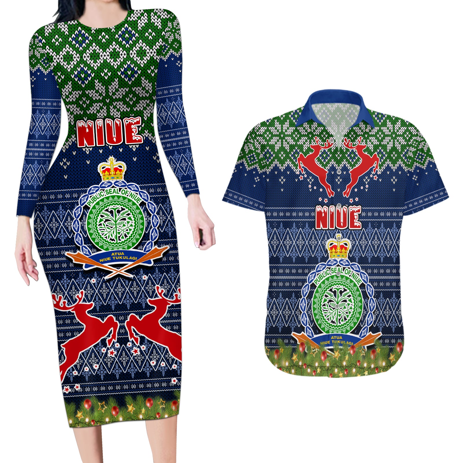 Niue Christmas Couples Matching Long Sleeve Bodycon Dress and Hawaiian Shirt Coat of Arms and Map Beautiful Merry Xmas Snowflake LT03 Blue - Polynesian Pride