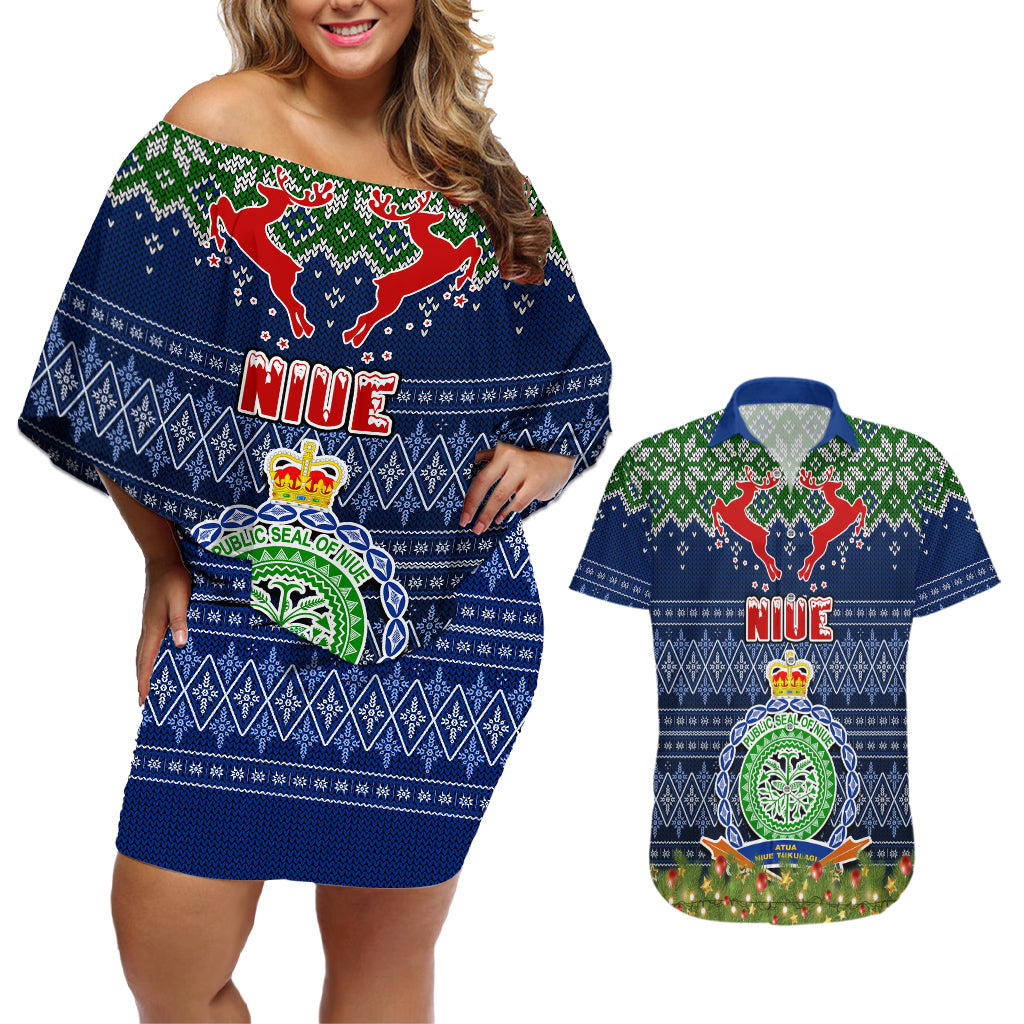 Niue Christmas Couples Matching Off Shoulder Short Dress and Hawaiian Shirt Coat of Arms and Map Beautiful Merry Xmas Snowflake LT03 Blue - Polynesian Pride