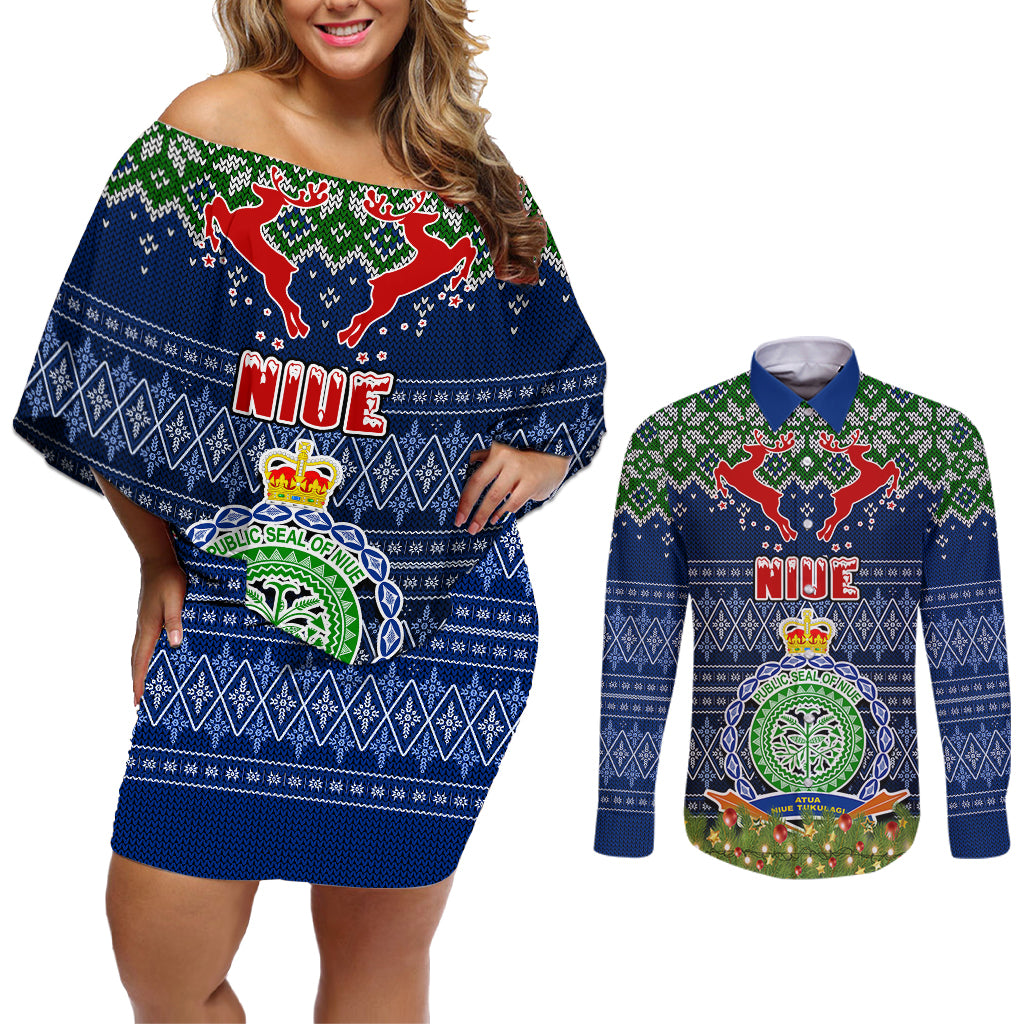 Niue Christmas Couples Matching Off Shoulder Short Dress and Long Sleeve Button Shirts Coat of Arms and Map Beautiful Merry Xmas Snowflake LT03 Blue - Polynesian Pride