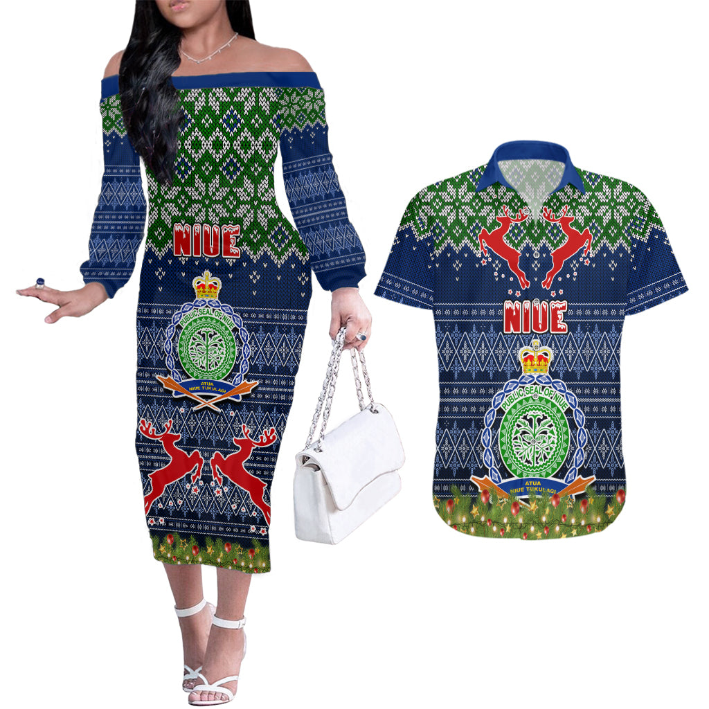 Niue Christmas Couples Matching Off The Shoulder Long Sleeve Dress and Hawaiian Shirt Coat of Arms and Map Beautiful Merry Xmas Snowflake LT03 Blue - Polynesian Pride