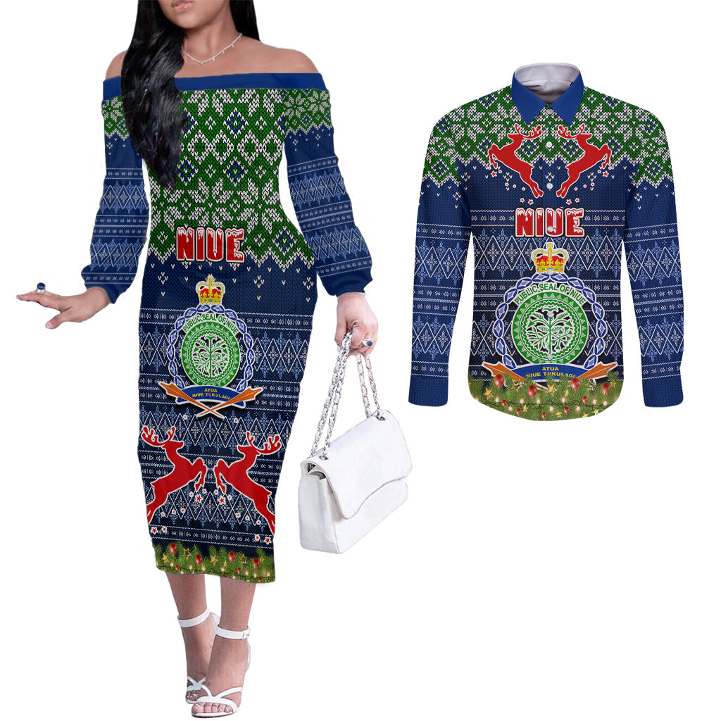 Niue Christmas Couples Matching Off The Shoulder Long Sleeve Dress and Long Sleeve Button Shirts Coat of Arms and Map Beautiful Merry Xmas Snowflake LT03 Blue - Polynesian Pride