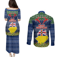 Niue Christmas Couples Matching Puletasi Dress and Long Sleeve Button Shirts Coat of Arms and Map Beautiful Merry Xmas Snowflake LT03 - Polynesian Pride