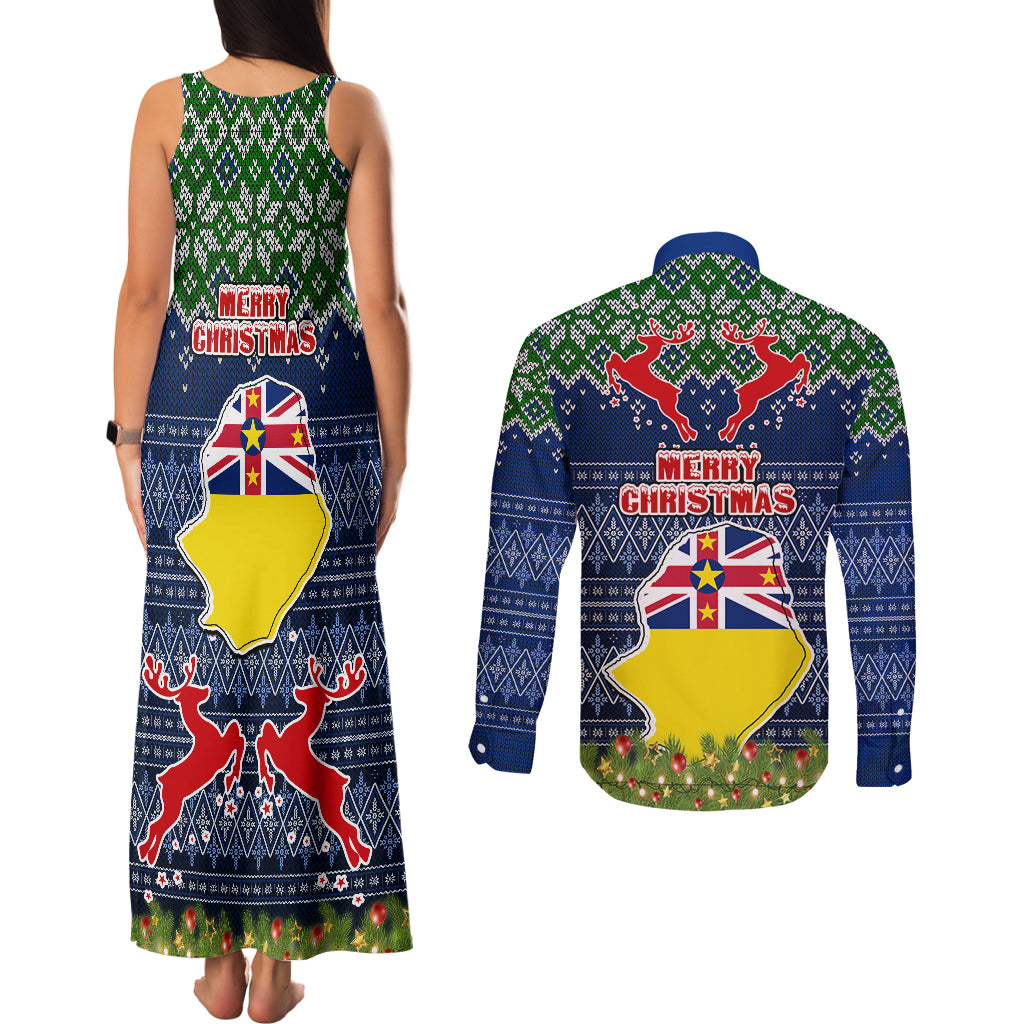 Niue Christmas Couples Matching Tank Maxi Dress and Long Sleeve Button Shirts Coat of Arms and Map Beautiful Merry Xmas Snowflake LT03 - Polynesian Pride