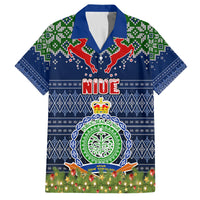 Niue Christmas Family Matching Mermaid Dress and Hawaiian Shirt Coat of Arms and Map Beautiful Merry Xmas Snowflake LT03 Dad's Shirt - Short Sleeve Blue - Polynesian Pride