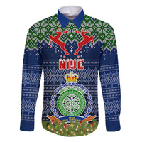 Niue Christmas Family Matching Off Shoulder Maxi Dress and Hawaiian Shirt Coat of Arms and Map Beautiful Merry Xmas Snowflake LT03 Dad's Shirt - Long Sleeve Blue - Polynesian Pride