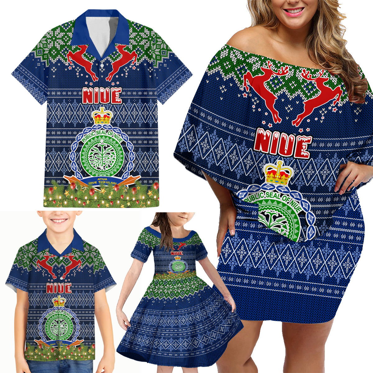 Niue Christmas Family Matching Off Shoulder Short Dress and Hawaiian Shirt Coat of Arms and Map Beautiful Merry Xmas Snowflake LT03 - Polynesian Pride