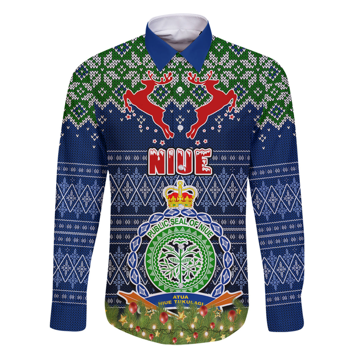 Niue Christmas Family Matching Short Sleeve Bodycon Dress and Hawaiian Shirt Coat of Arms and Map Beautiful Merry Xmas Snowflake LT03 Dad's Shirt - Long Sleeve Blue - Polynesian Pride