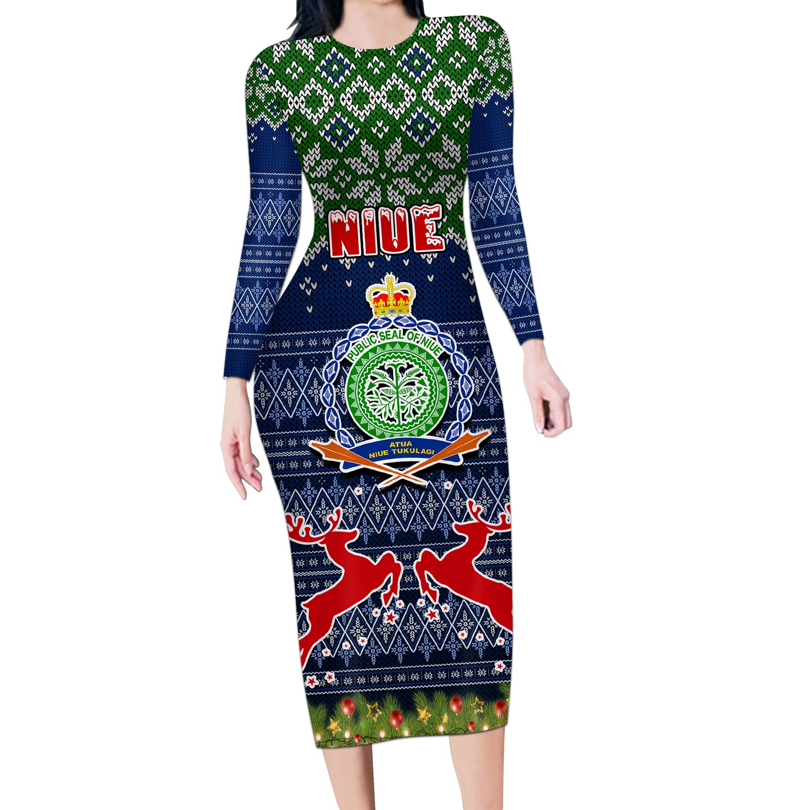 Niue Christmas Long Sleeve Bodycon Dress Coat of Arms and Map Beautiful Merry Xmas Snowflake LT03 Long Dress Blue - Polynesian Pride