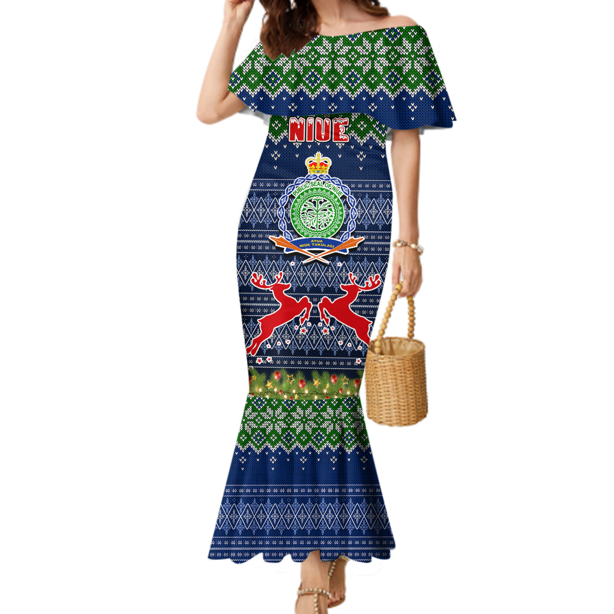 Niue Christmas Mermaid Dress Coat of Arms and Map Beautiful Merry Xmas Snowflake LT03 Women Blue - Polynesian Pride