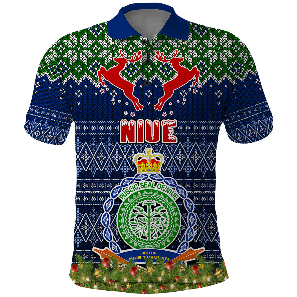 Niue Christmas Polo Shirt Coat of Arms and Map Beautiful Merry Xmas Snowflake LT03 Blue - Polynesian Pride