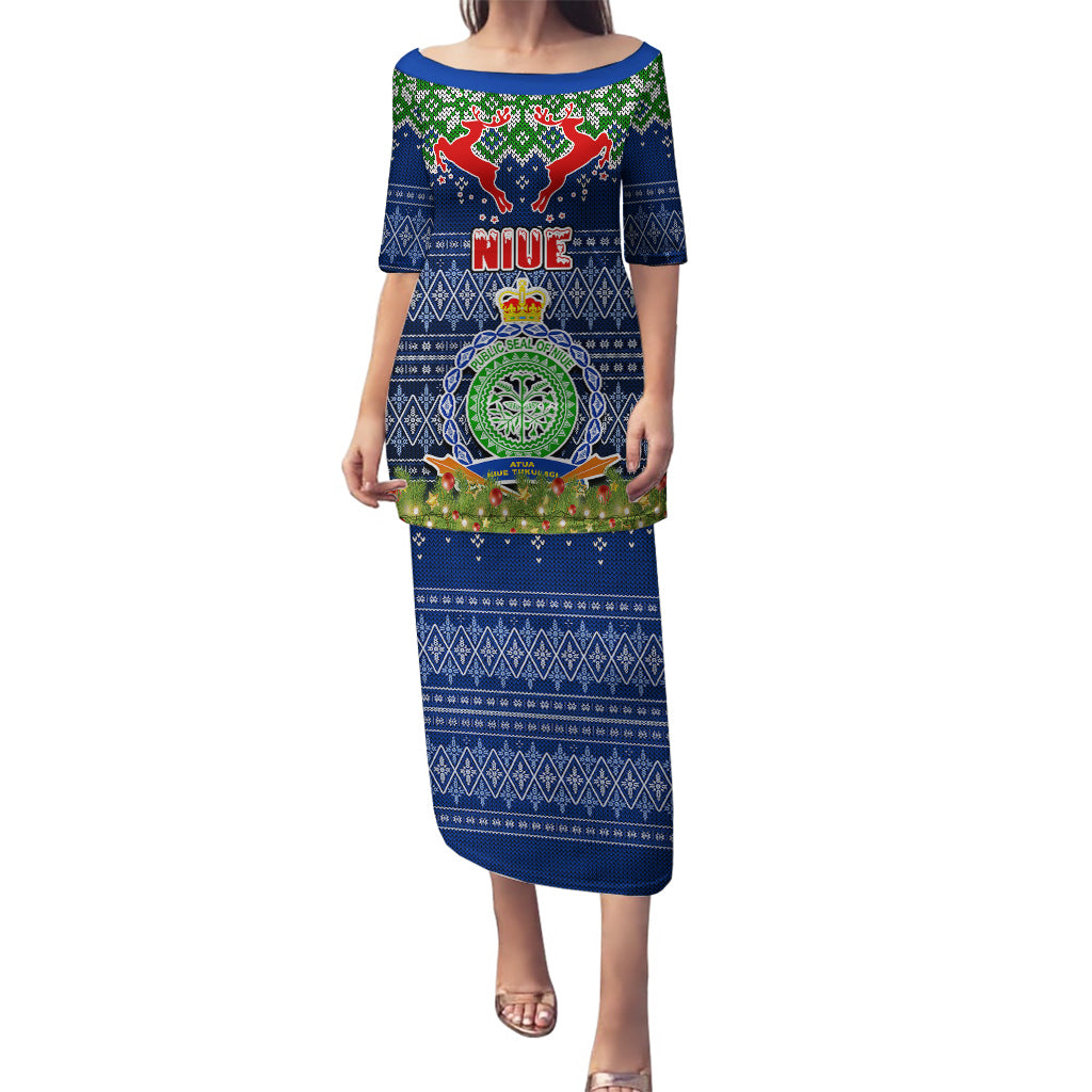 Niue Christmas Puletasi Coat of Arms and Map Beautiful Merry Xmas Snowflake LT03 Long Dress Blue - Polynesian Pride