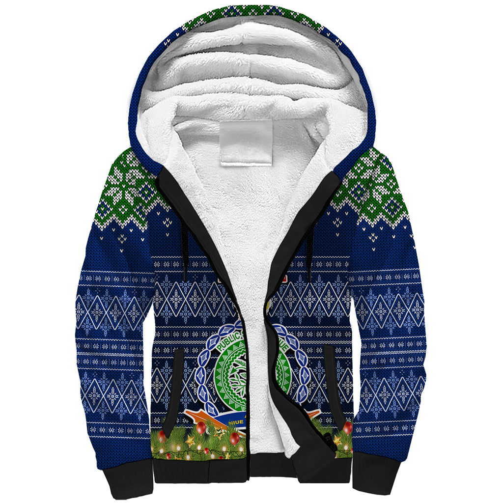 Niue Christmas Sherpa Hoodie Coat of Arms and Map Beautiful Merry Xmas Snowflake LT03 Unisex Blue - Polynesian Pride