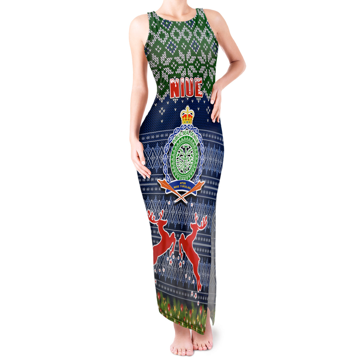 Niue Christmas Tank Maxi Dress Coat of Arms and Map Beautiful Merry Xmas Snowflake LT03 Women Blue - Polynesian Pride