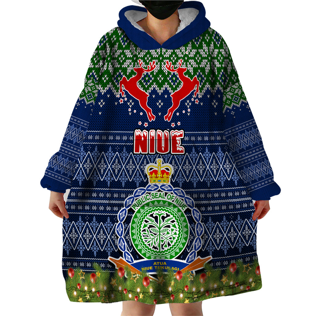 Niue Christmas Wearable Blanket Hoodie Coat of Arms and Map Beautiful Merry Xmas Snowflake LT03 - Polynesian Pride