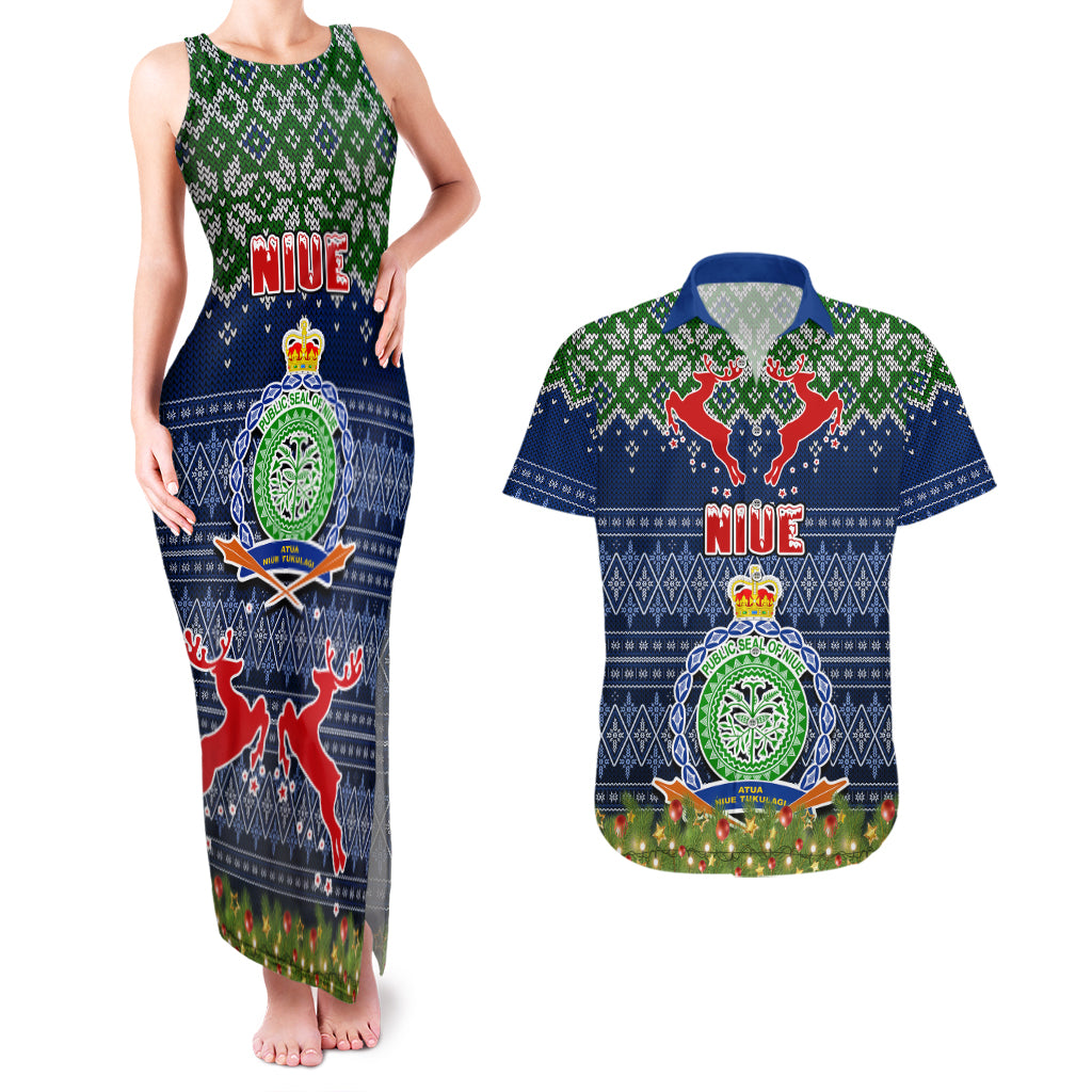 Personalised Niue Christmas Couples Matching Tank Maxi Dress and Hawaiian Shirt Coat of Arms and Map Beautiful Merry Xmas Snowflake LT03 Blue - Polynesian Pride