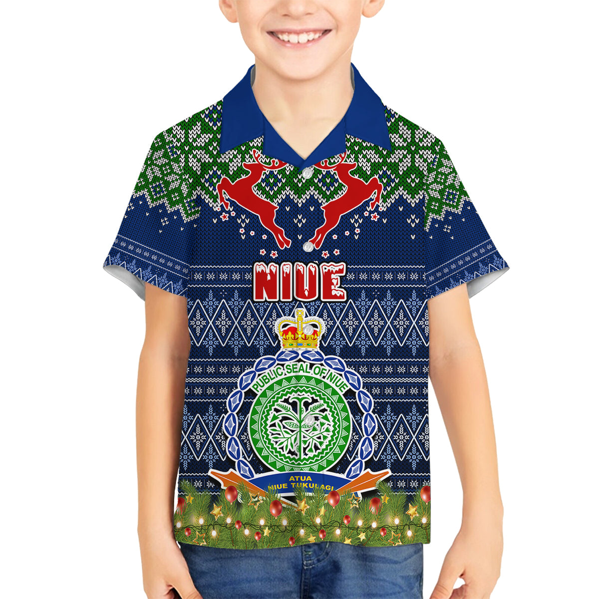 Personalised Niue Christmas Family Matching Off Shoulder Short Dress and Hawaiian Shirt Coat of Arms and Map Beautiful Merry Xmas Snowflake LT03 Son's Shirt Blue - Polynesian Pride