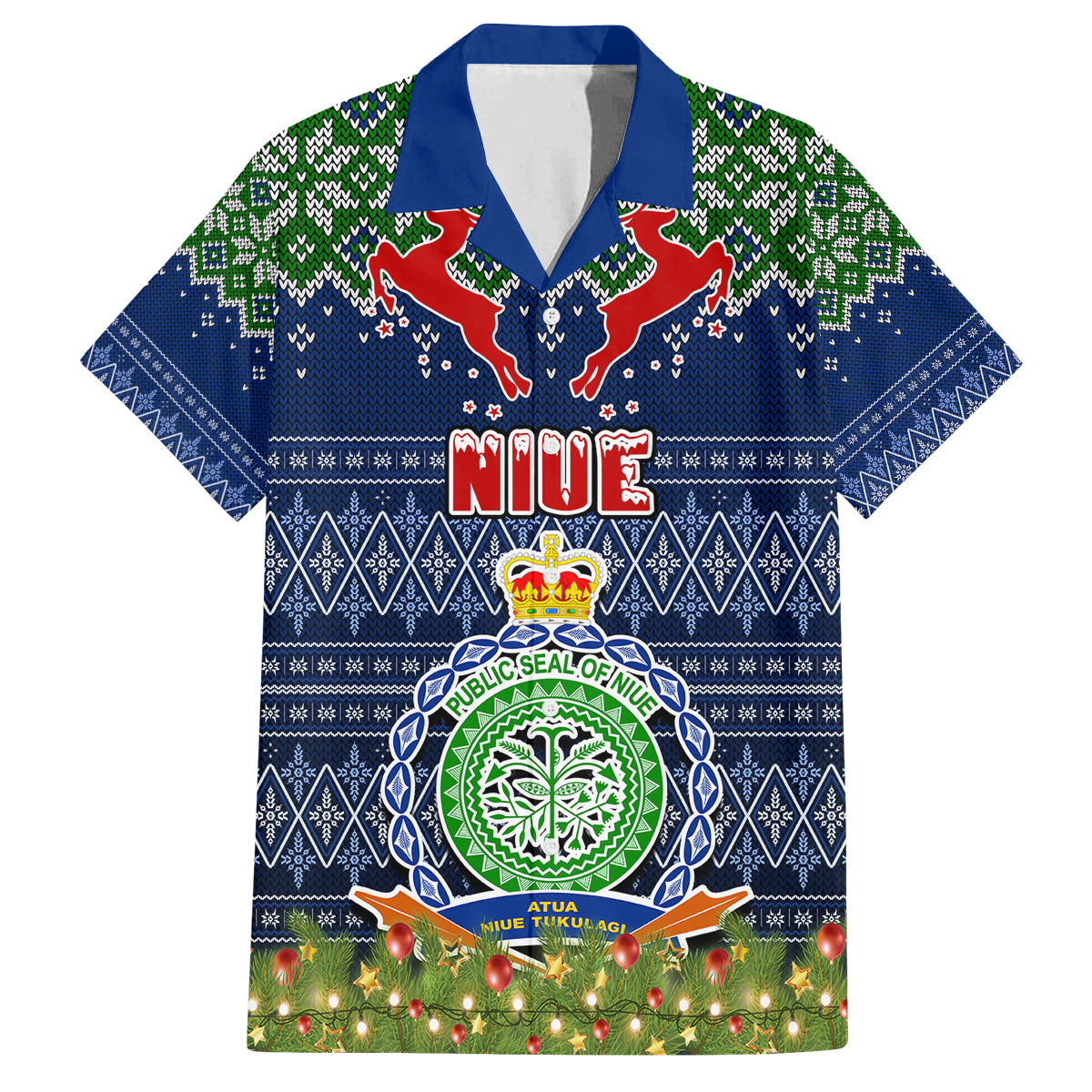Personalised Niue Christmas Family Matching Puletasi Dress and Hawaiian Shirt Coat of Arms and Map Beautiful Merry Xmas Snowflake LT03 Dad's Shirt - Short Sleeve Blue - Polynesian Pride