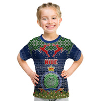 Personalised Niue Christmas Kid T Shirt Coat of Arms and Map Beautiful Merry Xmas Snowflake LT03 Blue - Polynesian Pride
