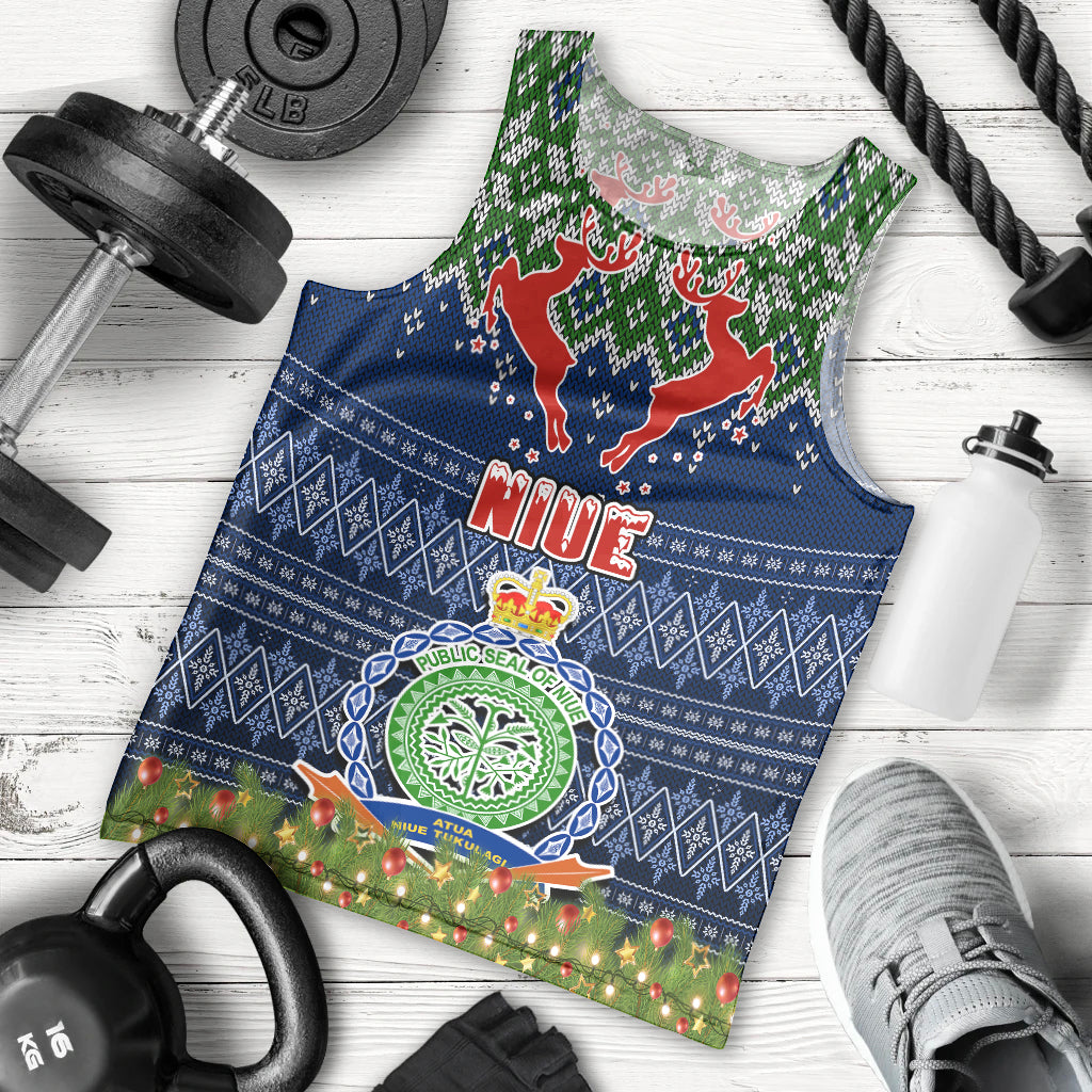 Personalised Niue Christmas Men Tank Top Coat of Arms and Map Beautiful Merry Xmas Snowflake LT03 Blue - Polynesian Pride