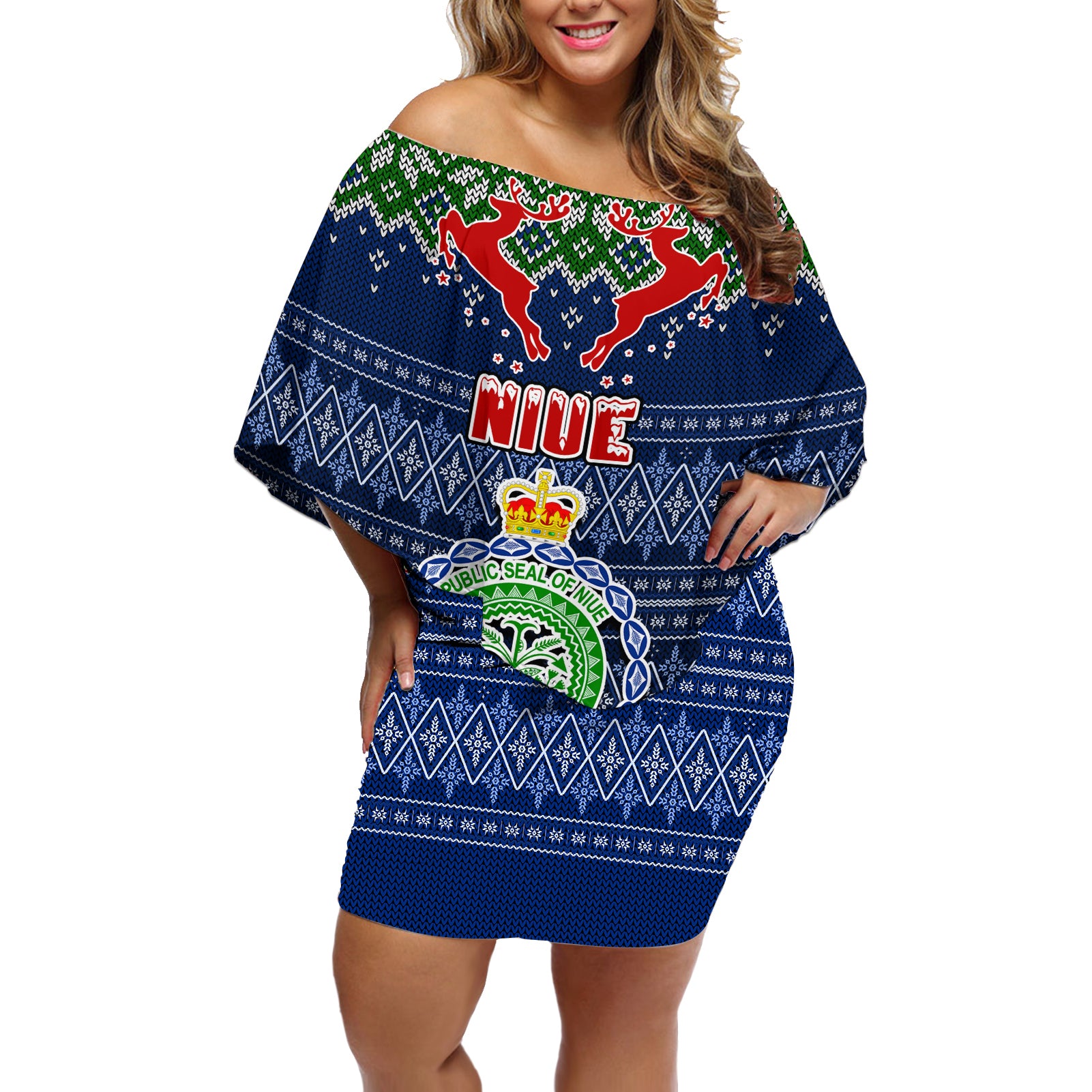 Personalised Niue Christmas Off Shoulder Short Dress Coat of Arms and Map Beautiful Merry Xmas Snowflake LT03 Women Blue - Polynesian Pride