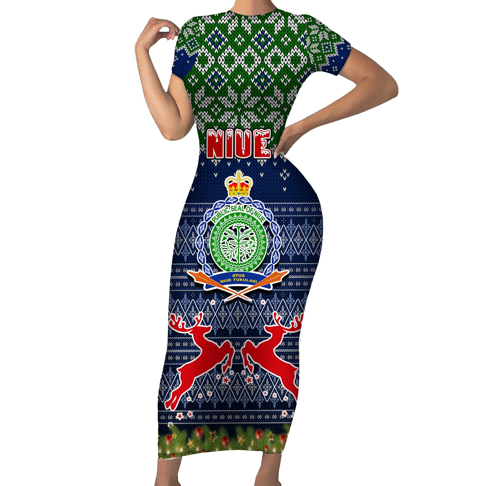 Personalised Niue Christmas Short Sleeve Bodycon Dress Coat of Arms and Map Beautiful Merry Xmas Snowflake LT03 Long Dress Blue - Polynesian Pride